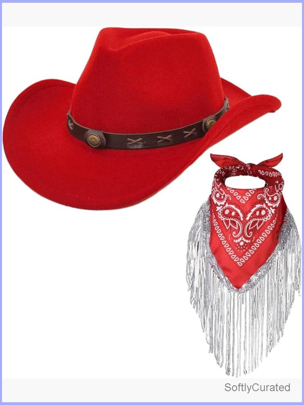 Cowboy Hat with Fringed Bandana Set - Wide Brim Western Cowgirl Hat